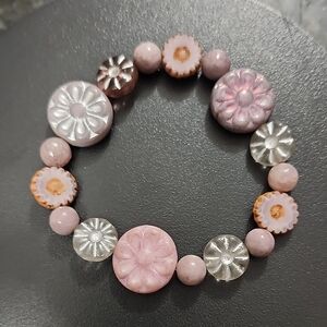 Handmade Pink, Purple and Silver Floral Czech Glass Beaded Bracelet